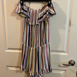 KORI multi color stripped romper. Sleeves go off the shoulder. Size small.